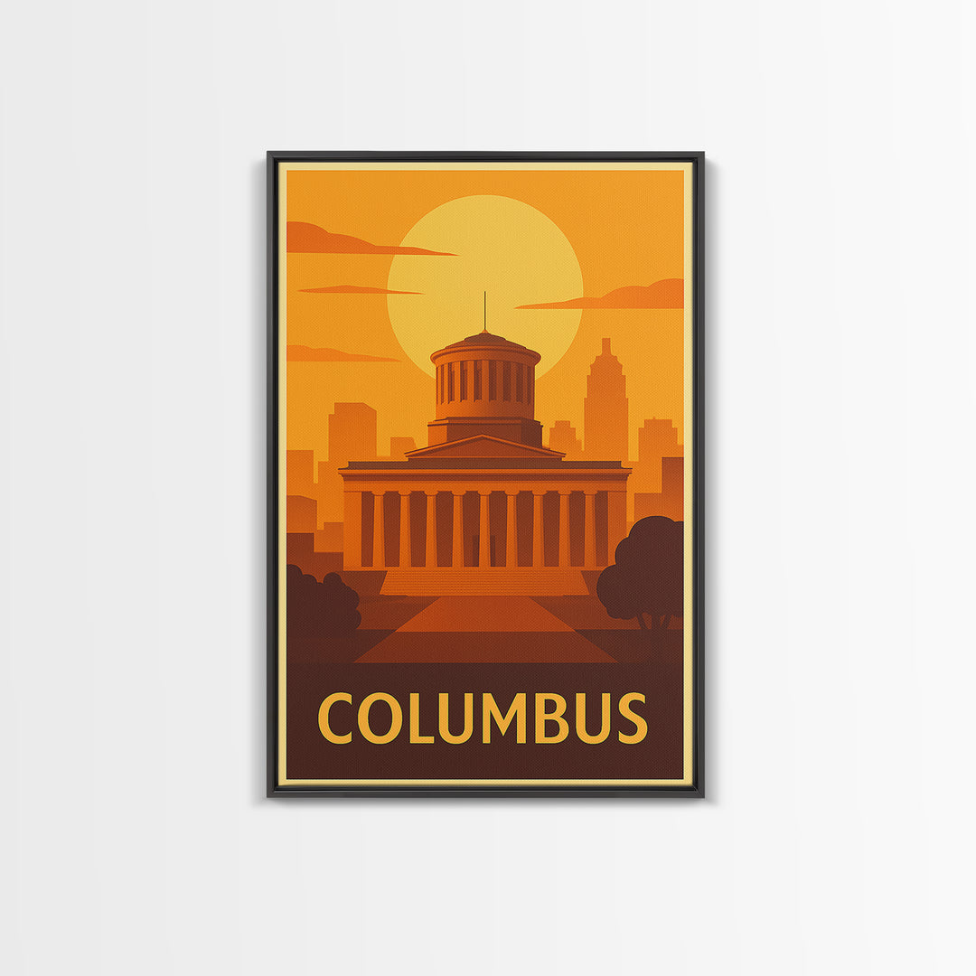 Columbus Travel Poster, Framed Canvas Print, Warm Sunset Silhouette Art, Columbus City Art, Living Room Wall Art, Travel Poster Set