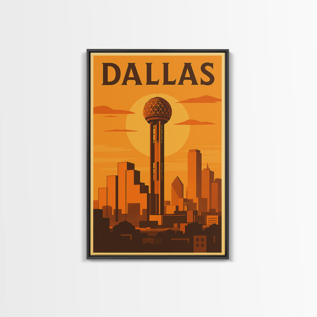 Dallas Texas Travel Poster, Canvas Print, Golden Poster Art, Dallas Wall Art, City Illustration, Mid Century Wall Art, Vintage Travel Art