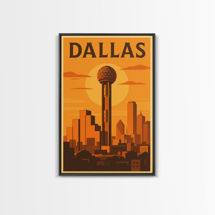 Dallas Texas Travel Poster, Canvas Print, Golden Poster Art, Dallas Wall Art, City Illustration, Mid Century Wall Art, Vintage Travel Art