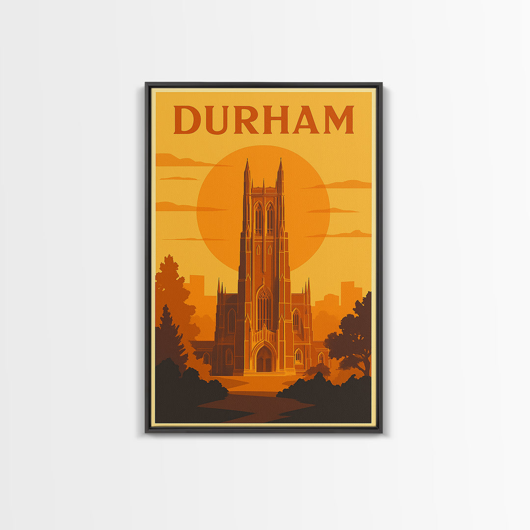 Durham North Carolina Travel Poster, Canvas Print, Warm Sunset Silhouette Art, Durham Wall Art, Vintage City Art, Travel Wall Art