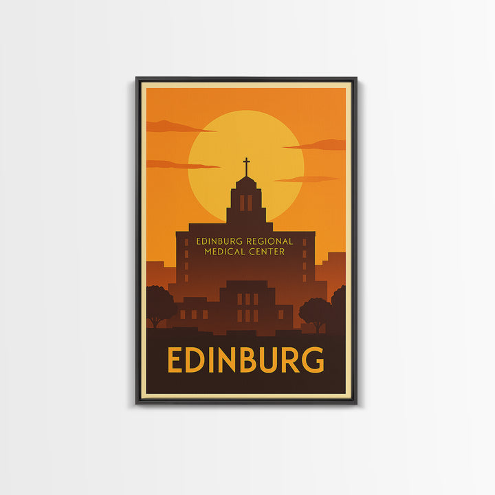 Edinburg Travel Poster, Framed Canvas Print, Golden Travel Poster Art, Edinburg Travel Art, Vintage City Art, City Illustration