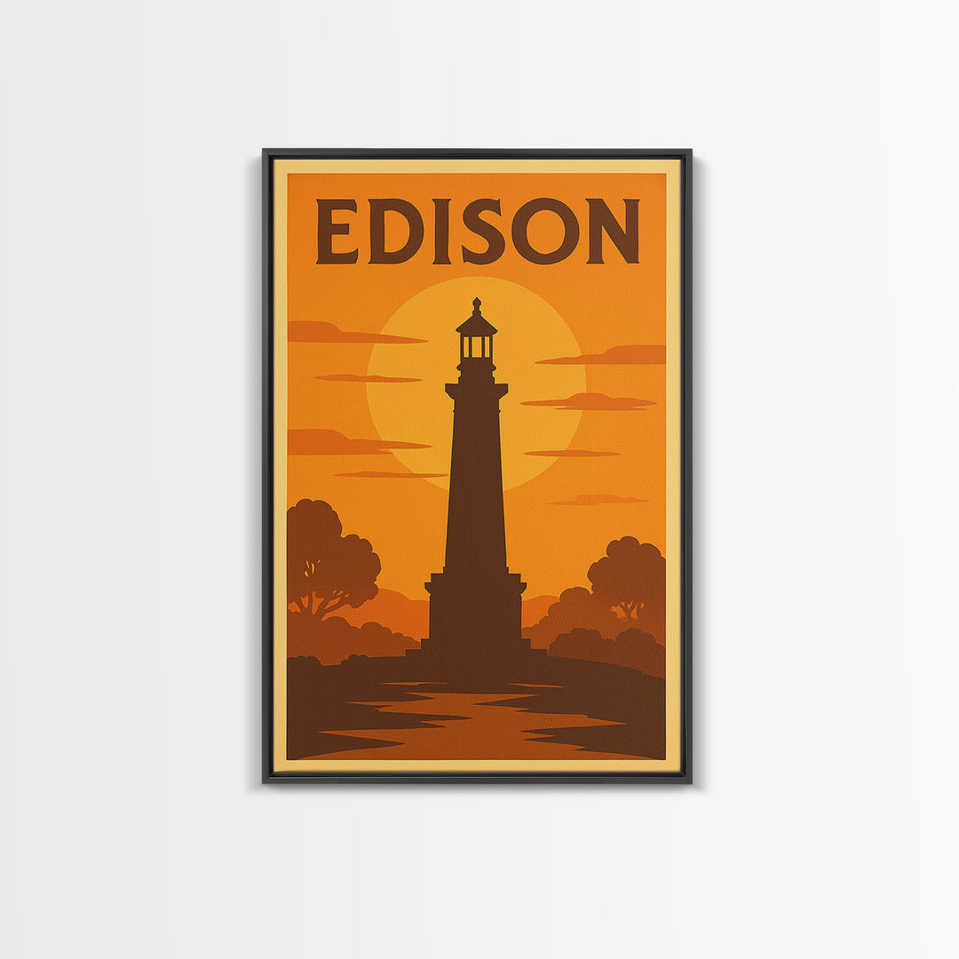 Edison New Jersey Travel Poster, Framed Canvas Print, Warm Sunset Silhouette Art, Edison Art Print, Home Office Decor, Modern Wall Decor