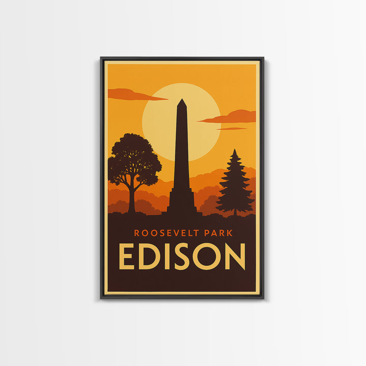 Edison Travel Poster, Canvas Print, Warm Sunset Silhouette Art, Edison Travel Art, Vintage City Poster, Mid Century Wall Art, Art Print