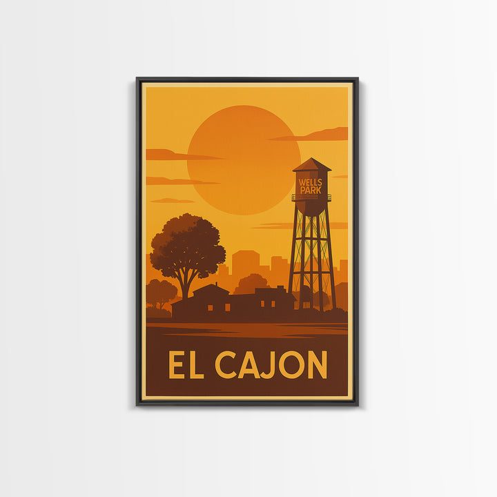El Cajon Travel Poster, Framed Canvas Print, Golden Travel Poster Art, El Cajon Art Print, Travel Wall Art, City Illustration, Wall Art