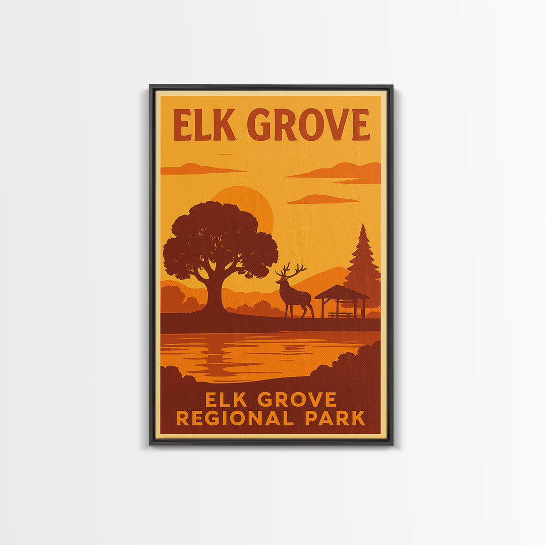 Elk Grove California Travel Poster, Framed Canvas Print, Warm Sunset Silhouette Art, Elk Grove Art Print, City Art Print, City Illustration