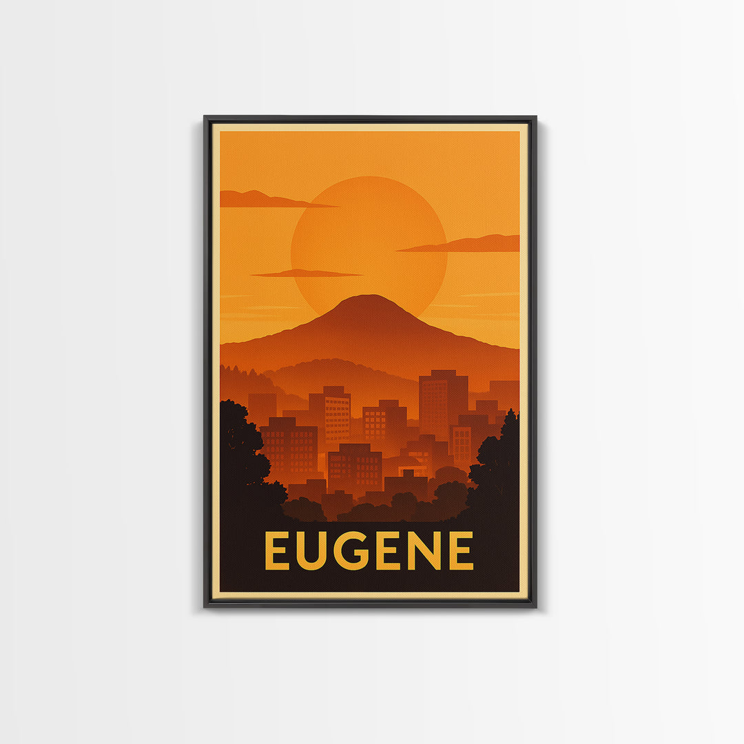 Eugene Travel Poster, Canvas Print, Warm Sunset Silhouette Art, Eugene Wall Art, Living Room Wall Art, City Art Print, Vintage City Poster