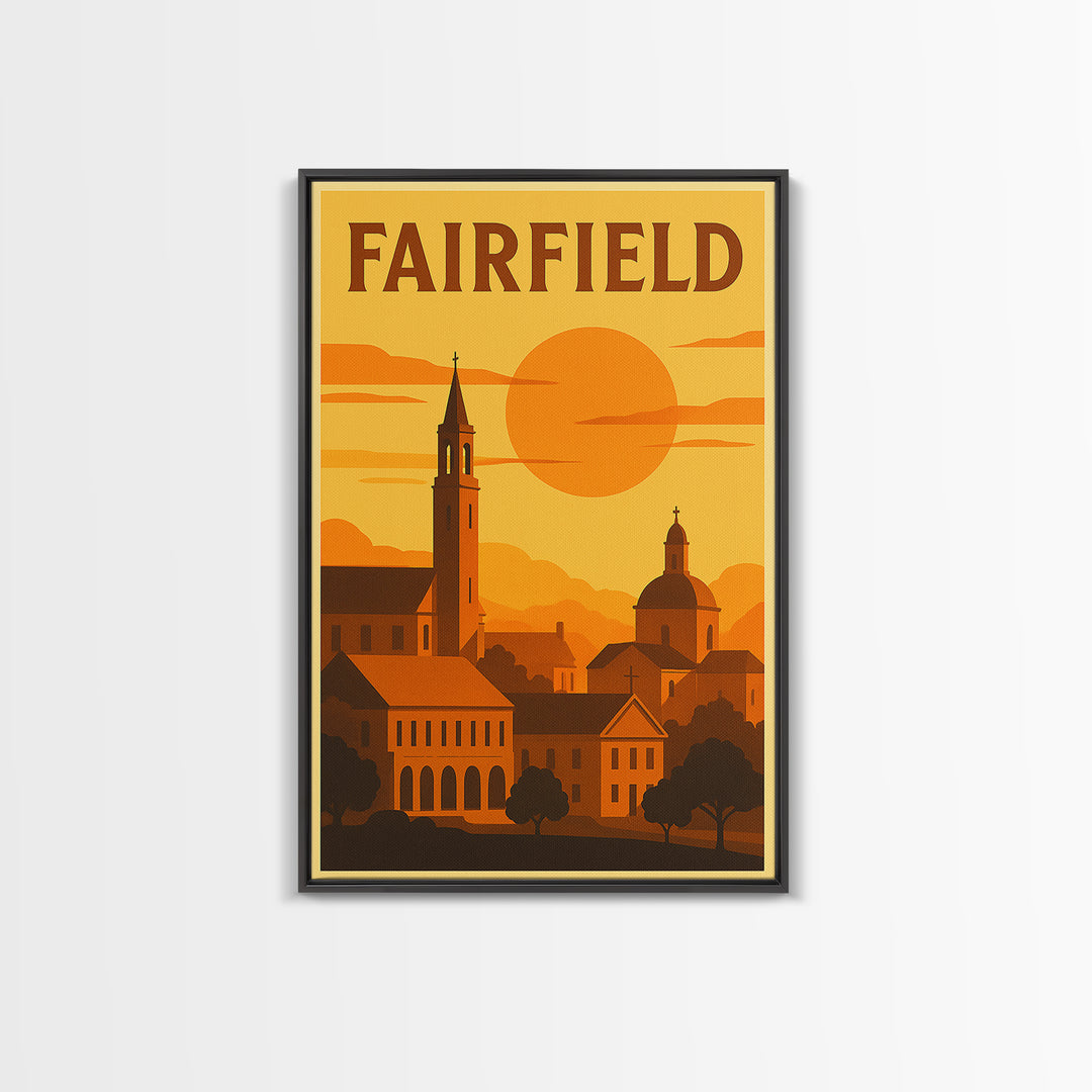 Fairfield California Travel Poster, Canvas Print, Warm Sunset Silhouette Art, Fairfield Wall Art, Vintage Travel Print, Retro Travel Print