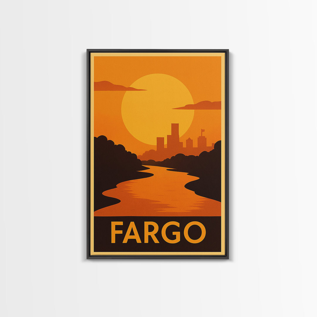 Fargo Travel Poster, Framed Canvas Print, Golden Travel Poster Art, Fargo Travel Art, Mid Century Wall Art, Travel Poster Art, Design 2