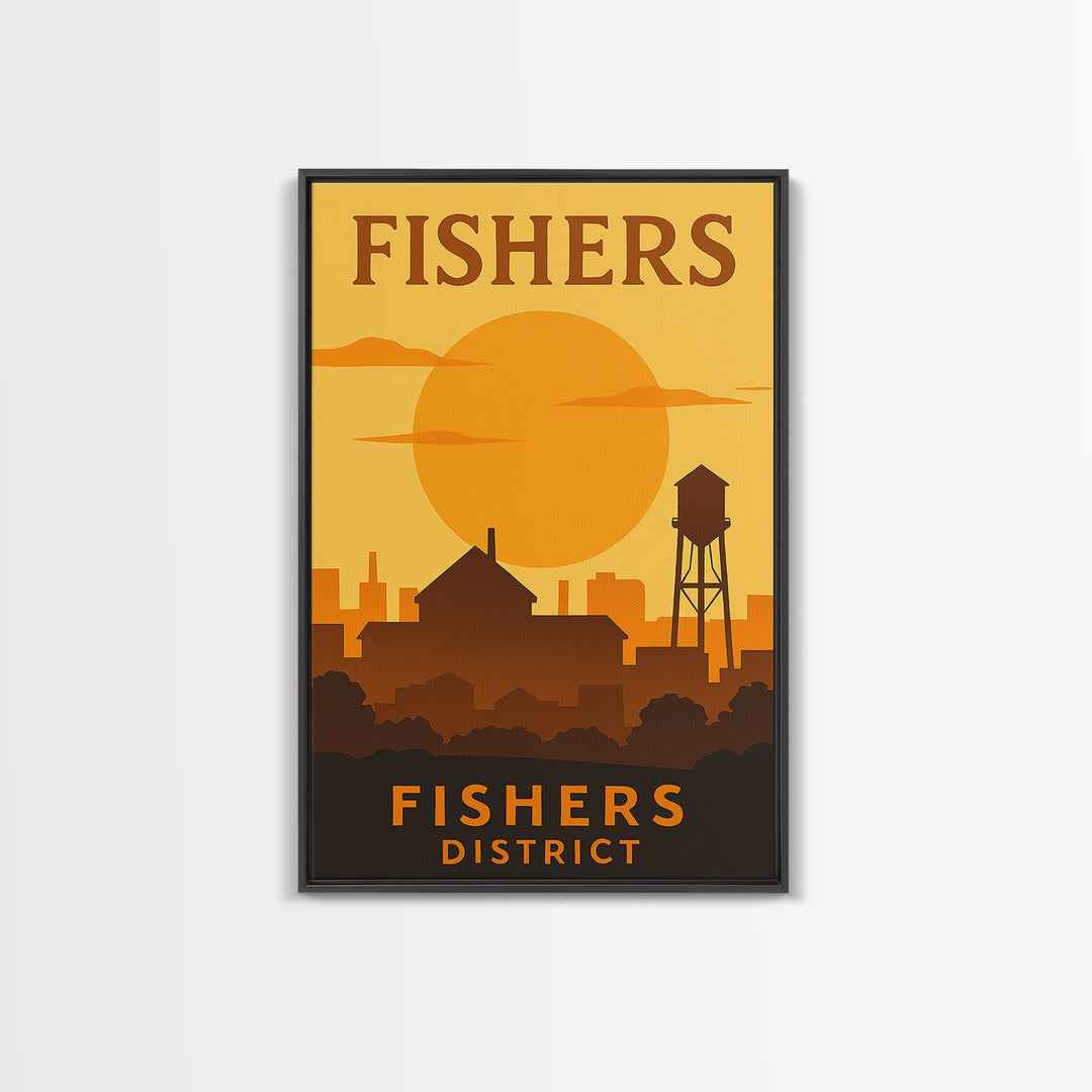 Fishers Indiana Travel Poster, Canvas Print, Gold Art Deco Poster Art, Fishers Wall Art, Travel Poster Set, Watercolor Downtown Skyline
