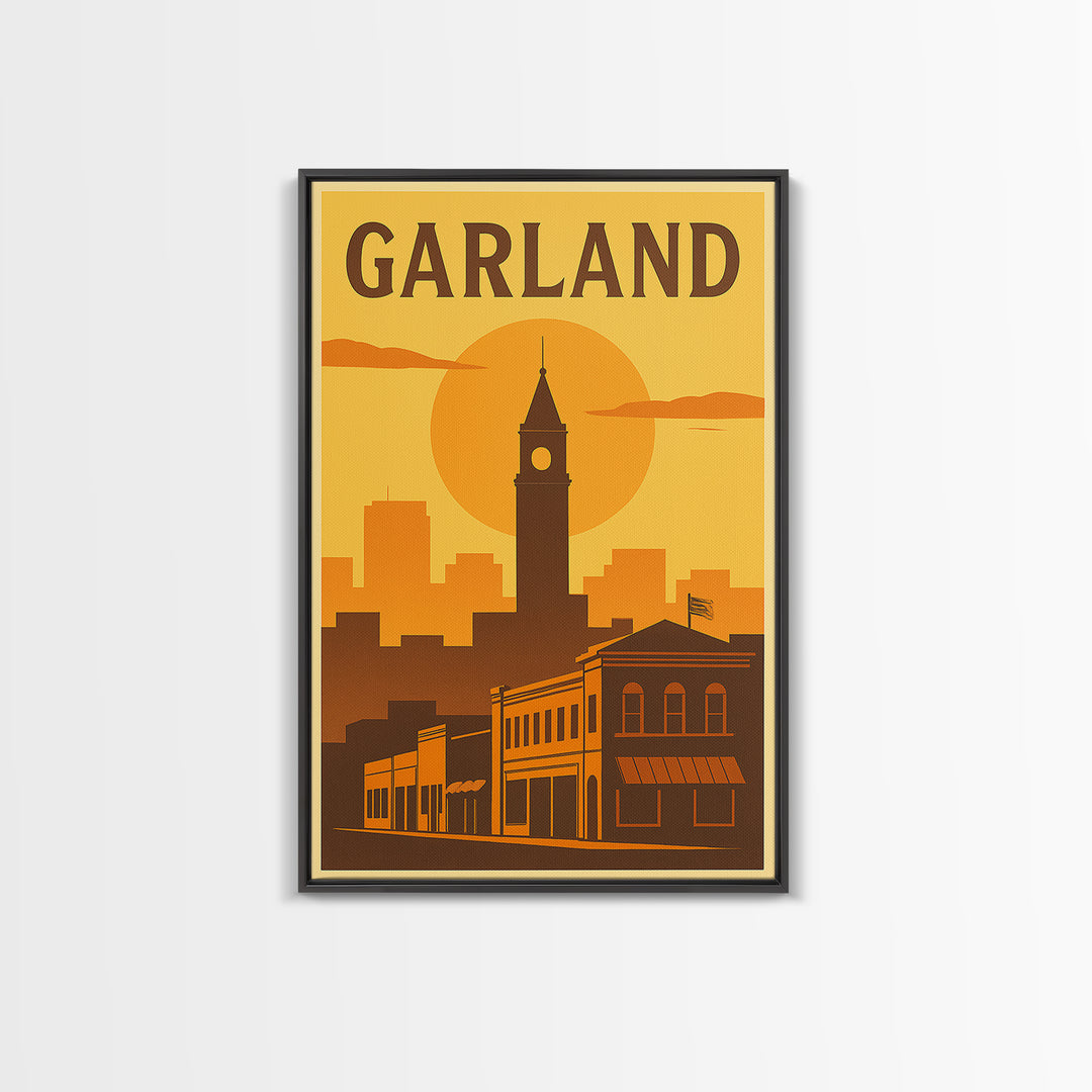 Garland Texas Travel Poster, Framed Canvas Print, Golden Travel Poster Art, Garland Art Print, Eclectic Wall Decor, Gift For Travelers