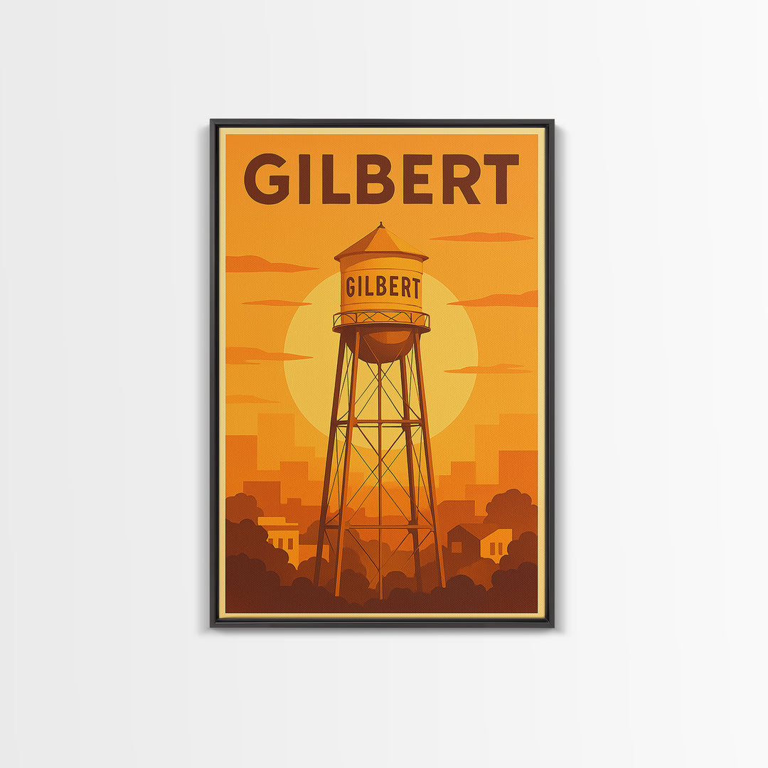 Gilbert Arizona Travel Poster, Canvas Print, Gold Art Deco Poster Art, Gilbert Art Print, Watercolor Skyline, Travel Wall Art, Art Print