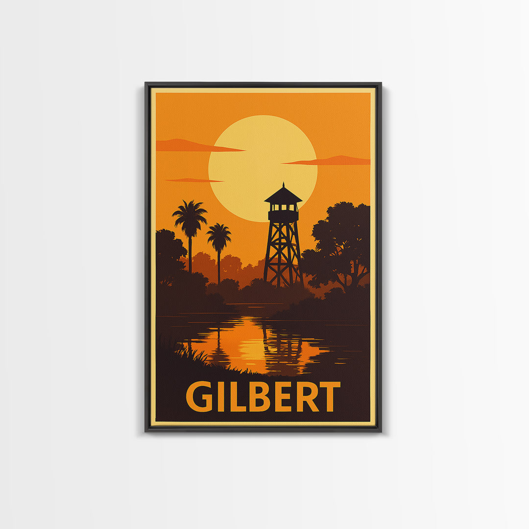 Gilbert Travel Poster, Framed Canvas Print, Golden Travel Poster Art, Gilbert Travel Art, Travel Wall Decor, Travel Wall Art, Design 2