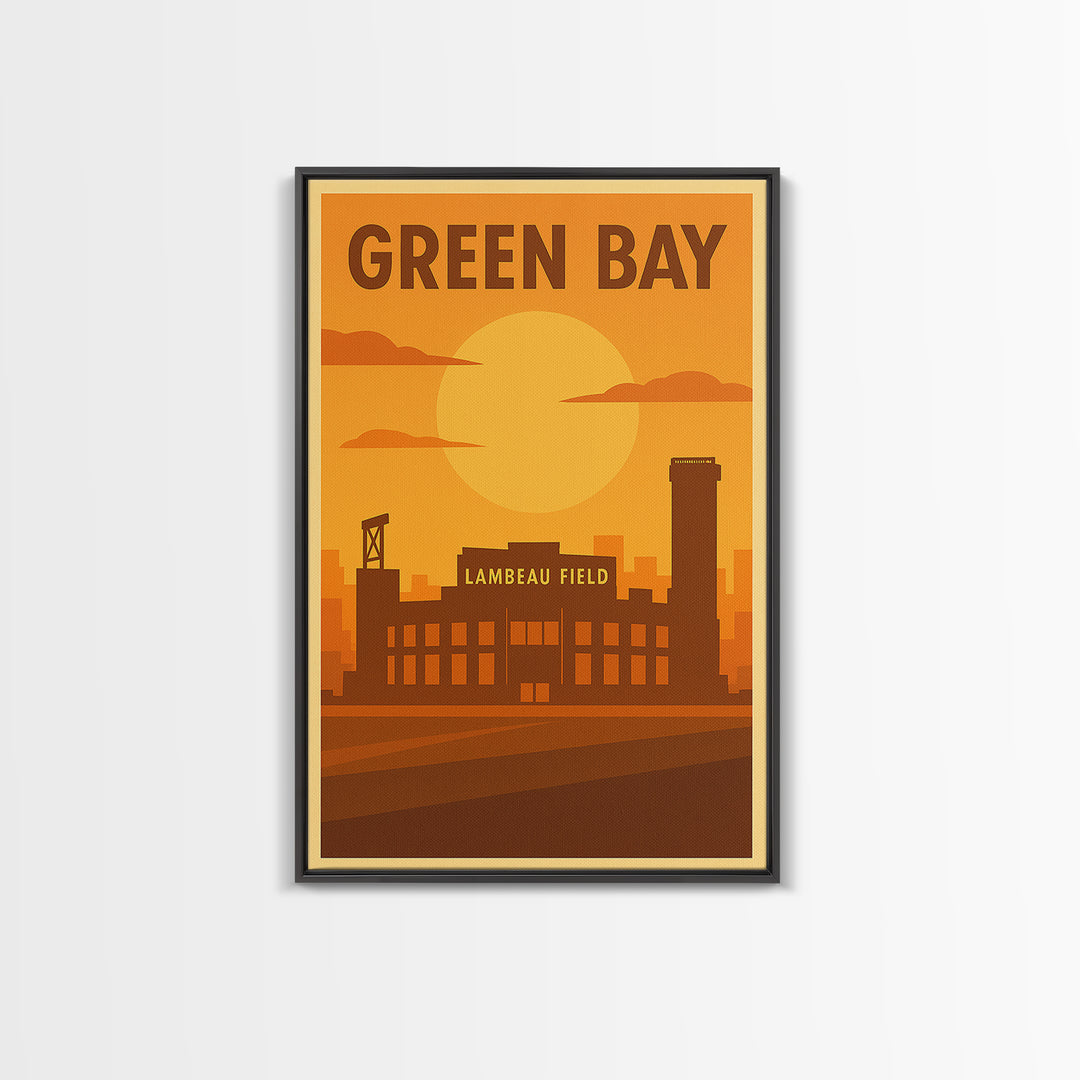 Green Bay Wisconsin Travel Poster, Framed Canvas Print, Vintage Deco Wall Art, Green Bay Wall Art, Gift For Travelers, City Illustration