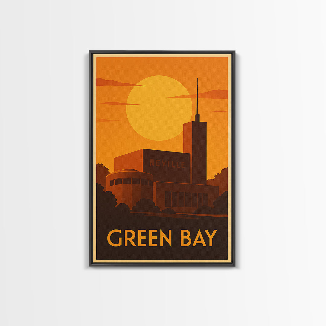 Green Bay Travel Poster, Canvas Print, Warm Sunset Silhouette Art, Green Bay Travel Art, Retro Travel Print, City Illustration