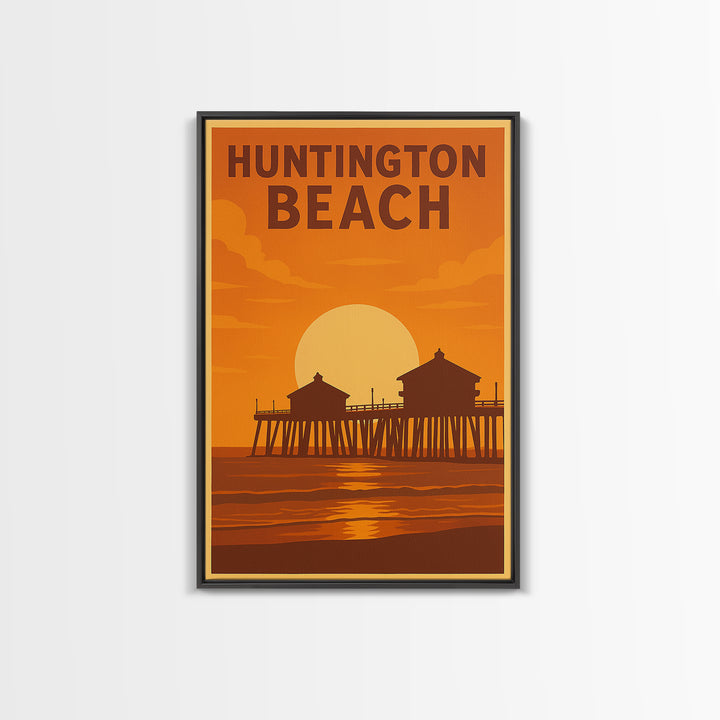 Huntington Beach California Travel Poster, Framed Canvas Print, Warm Sunset Silhouette Art, Huntington Beach Poster Print, City Illustration
