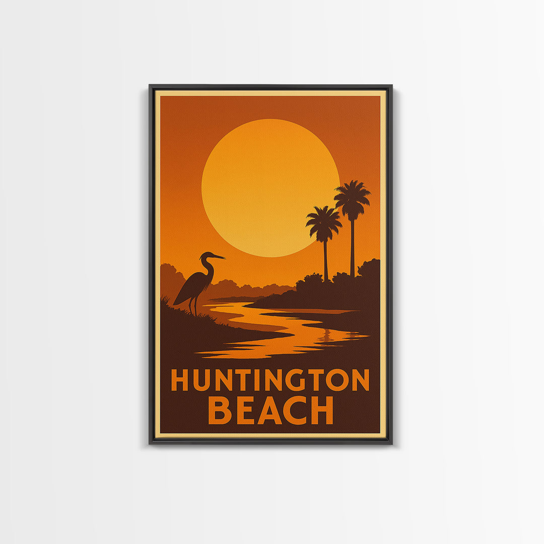 Huntington Beach Travel Poster, Framed Canvas Print, Golden Travel Poster Art, Huntington Beach Travel Art, Travel Poster Art, Design 2