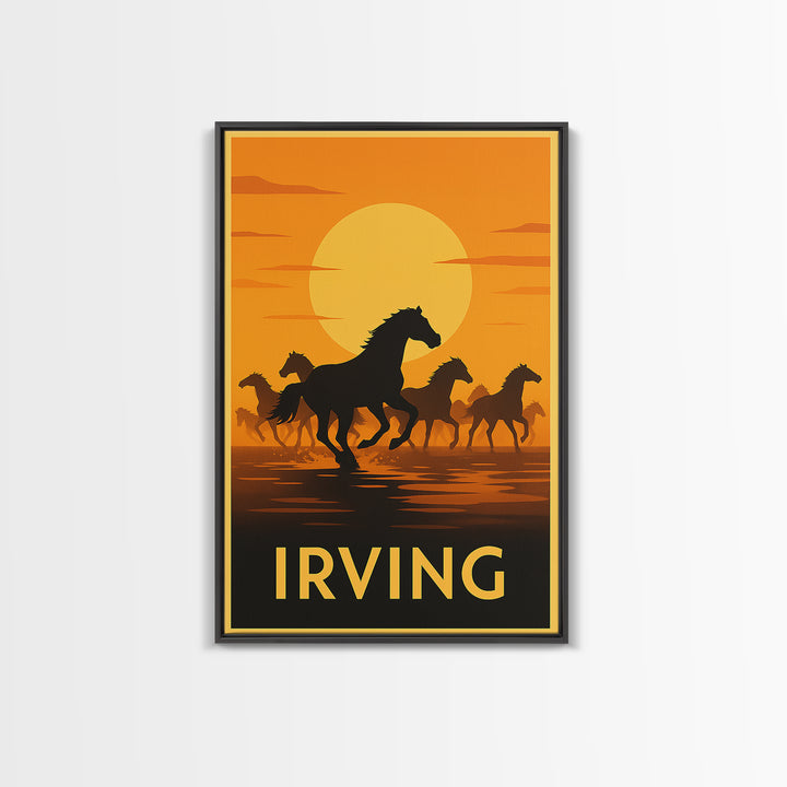 Irving Travel Poster, Framed Canvas Print, Warm Sunset Silhouette Art, Irving City Art, Living Room Wall Art, Wanderlust Decor