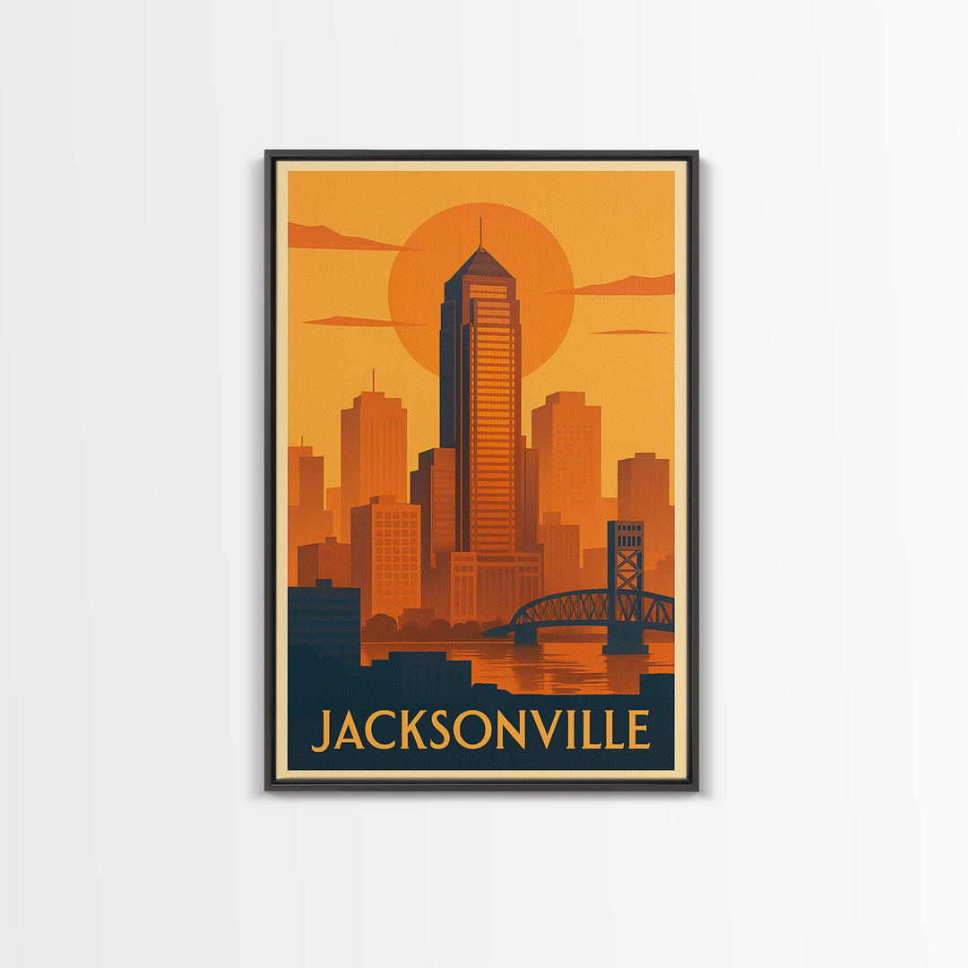Jacksonville Travel Poster, Framed Canvas Print, Gold Art Deco Poster Art, Jacksonville City Art, City Art Print, Modern Wall Decor
