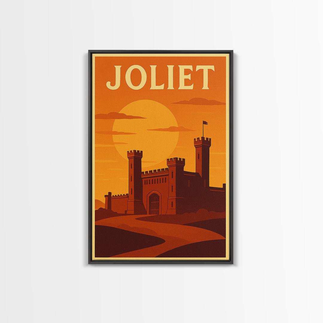 Joliet Illinois Travel Poster, Framed Canvas Print, Gold Art Deco Poster Art, Joliet Travel Art, Mid Century Wall Art, Retro Travel Print
