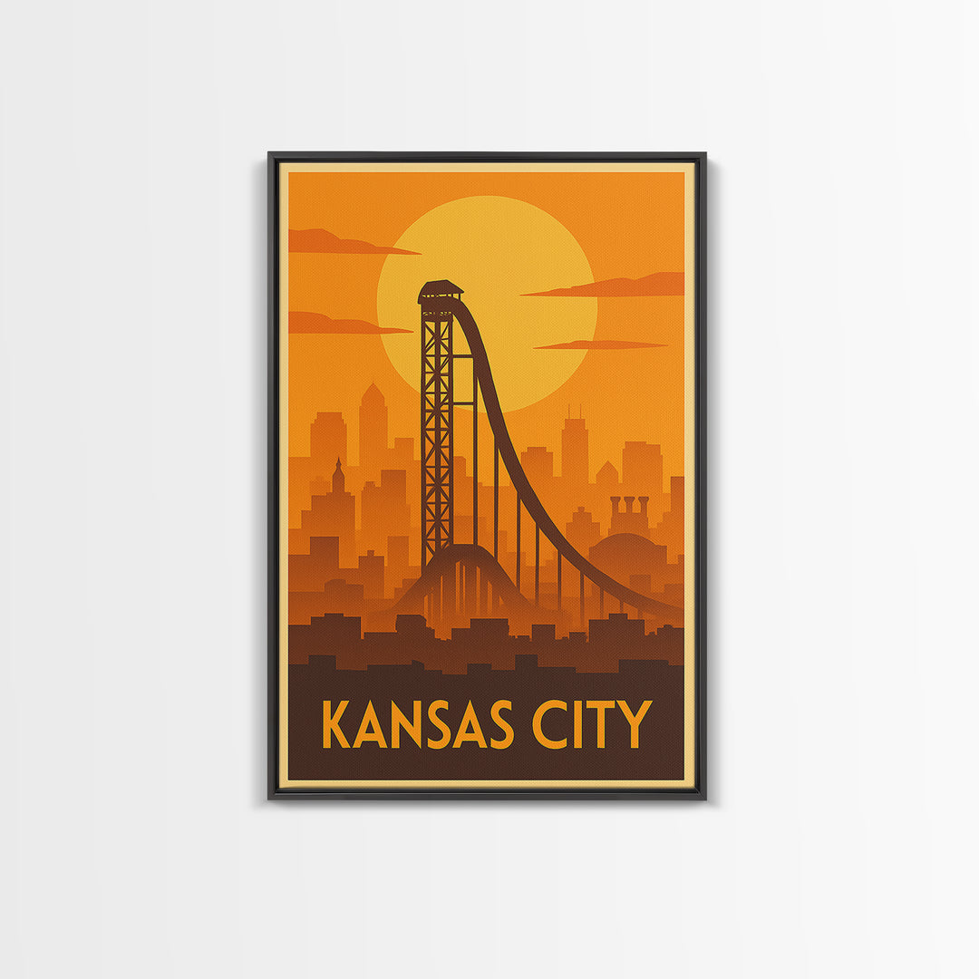 Kansas City Travel Poster, Framed Canvas Print, Gold Art Deco Poster Art, Kansas City Travel Art, Watercolor Urban Skyline, Travel Art Print
