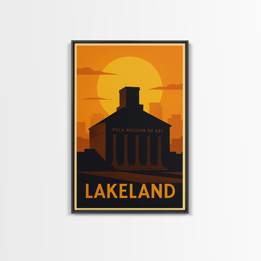 Lakeland Travel Poster, Canvas Print, Warm Sunset Silhouette Art, Lakeland Art Print, Living Room Wall Art, Mid Century Wall Art