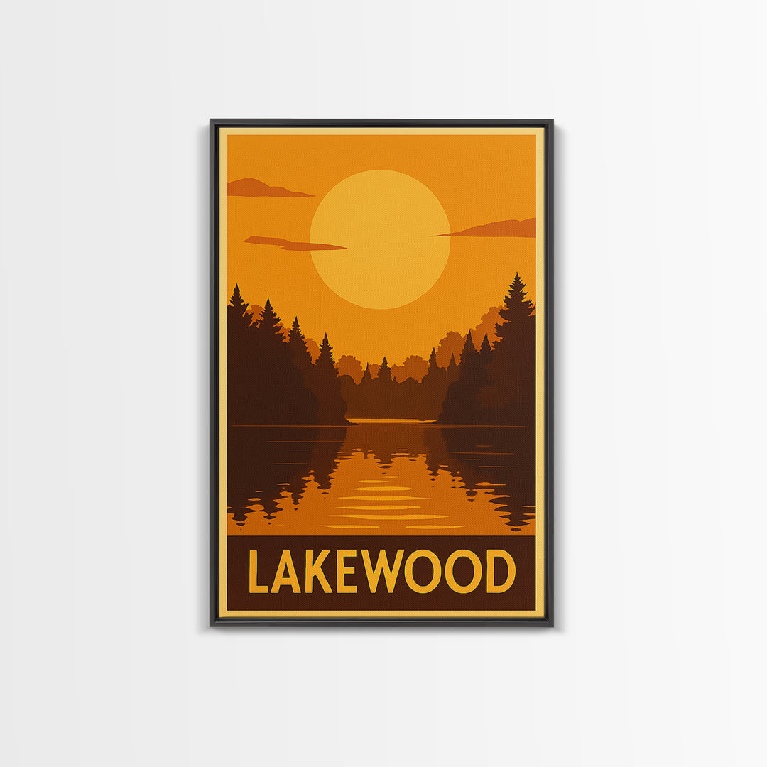 Lakewood Travel Poster, Framed Canvas Print, Golden Travel Poster Art, Lakewood City Art, Living Room Wall Art, City Illustration