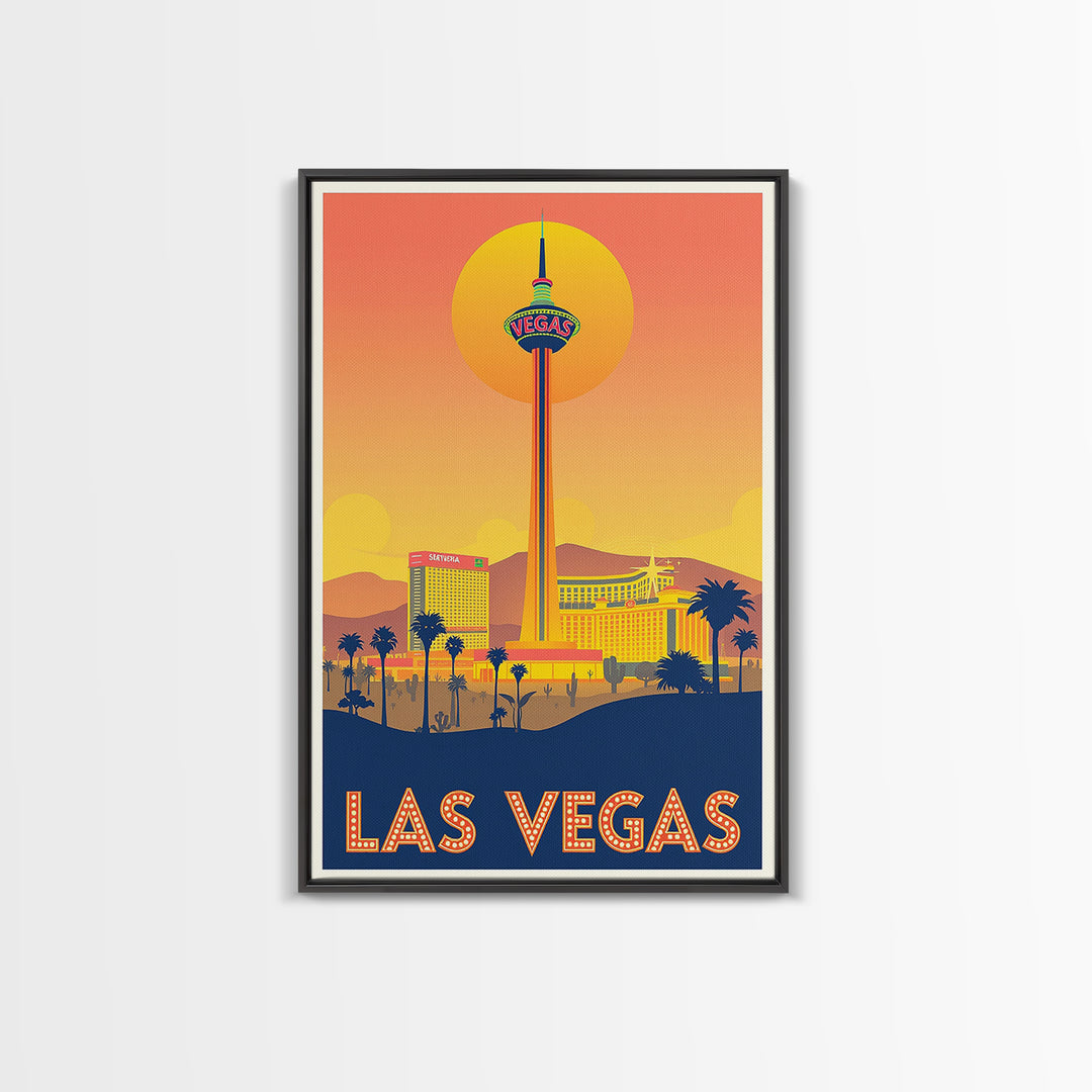 Las Vegas Travel Poster, Framed Canvas Print, Golden Travel Poster Art, Las Vegas City Art, Retro Travel Print, Gift For Travelers