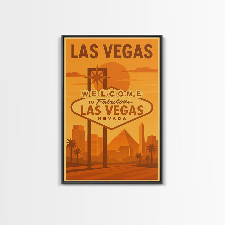 Las Vegas Travel Poster, Framed Canvas Print, Golden Travel Poster Art, Las Vegas Art Print, Modern Wall Decor, Mid Century Wall Art