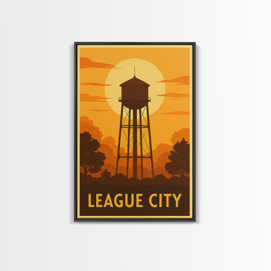 League City Travel Poster, Framed Canvas Print, Vintage Deco Wall Art, League City Travel Art, Vintage Travel Print, Vintage City Art