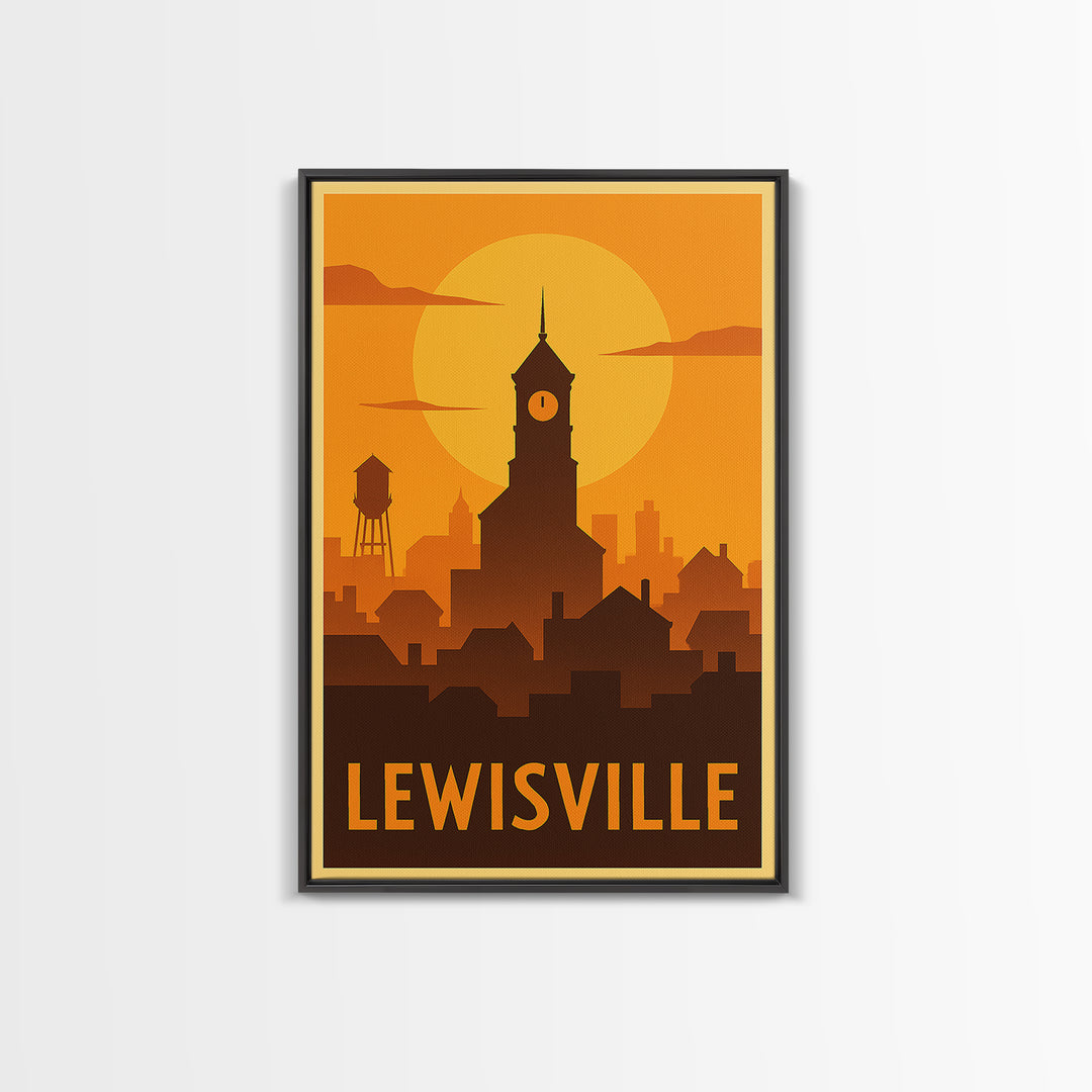 Lewisville Travel Poster, Canvas Print, Warm Sunset Silhouette Art, Lewisville Wall Art, Travel Wall Art, Watercolor City Skyline