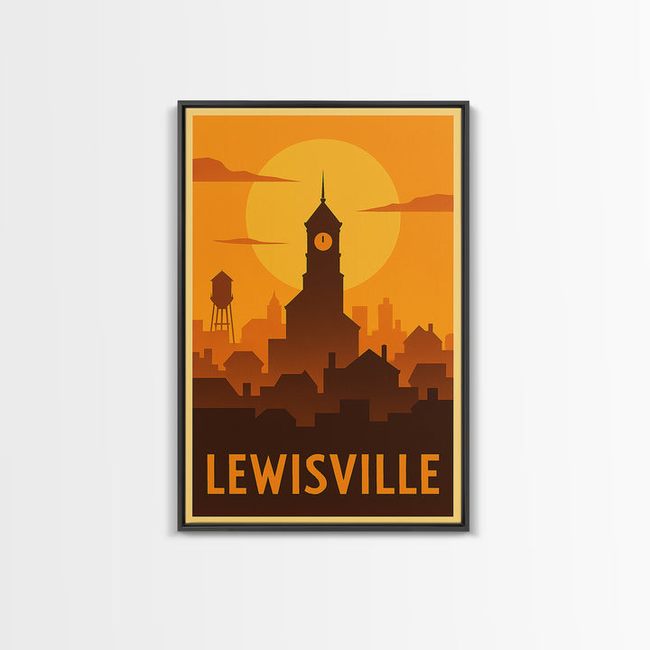 Lewisville Travel Poster, Canvas Print, Warm Sunset Silhouette Art, Lewisville Wall Art, Travel Wall Art, Watercolor City Skyline