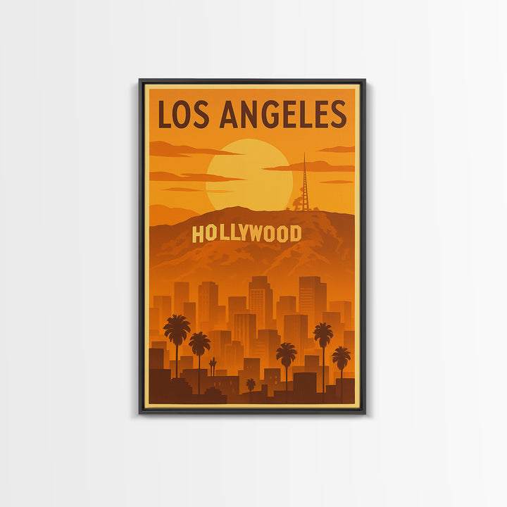 Los Angeles California Travel Poster, Canvas Print, Warm Sunset Silhouette Art, Los Angeles Art Print, City Travel Prints, Wanderlust Decor