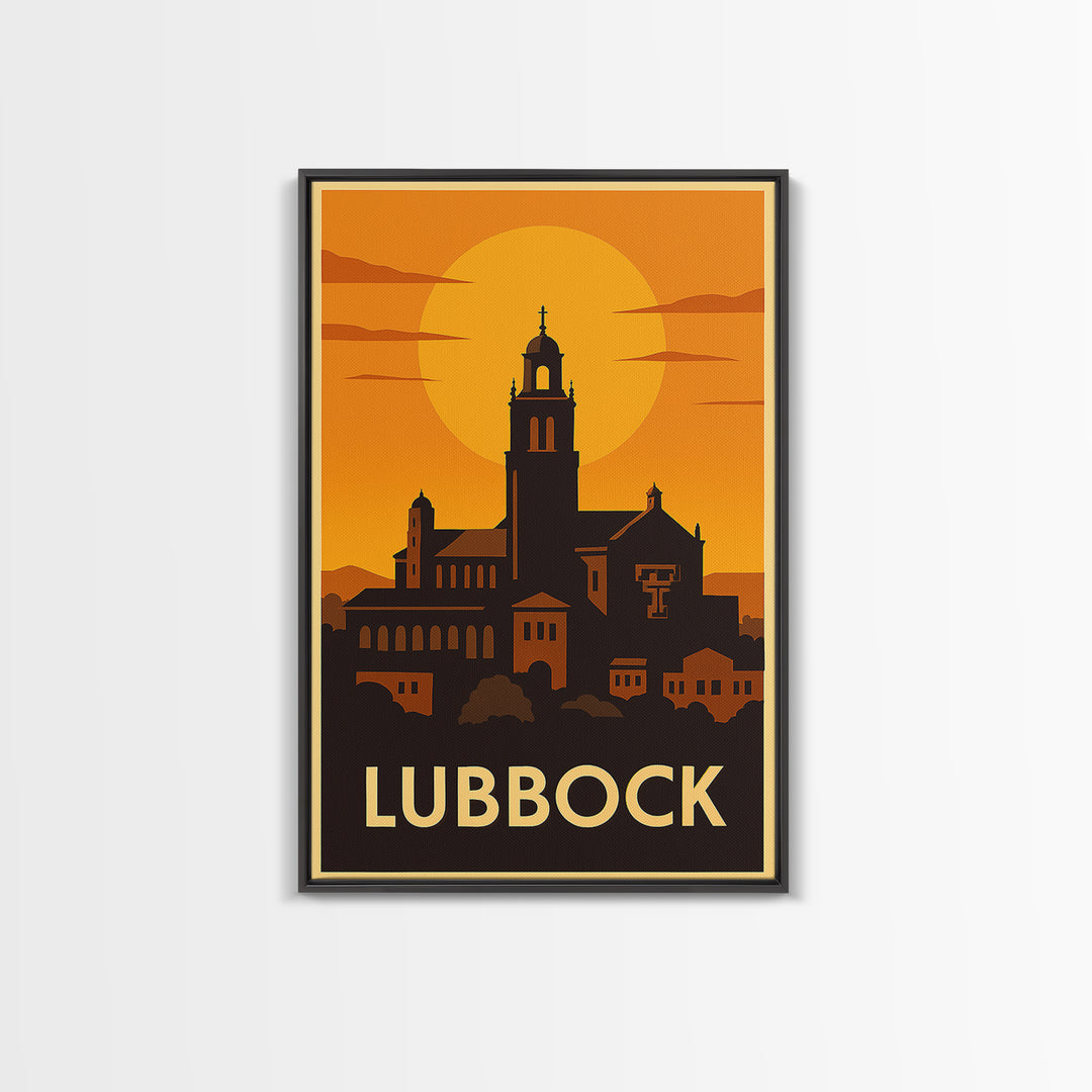 Lubbock Travel Poster, Framed Canvas Print, Warm Sunset Silhouette Art, Lubbock Wall Art, Vintage City Poster, Vintage City Art