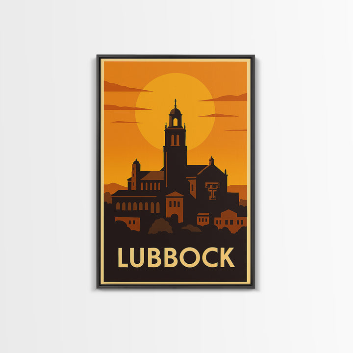 Lubbock Travel Poster, Framed Canvas Print, Warm Sunset Silhouette Art, Lubbock Wall Art, Vintage City Poster, Vintage City Art