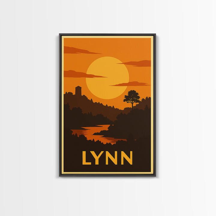 Lynn Travel Poster, Framed Canvas Print, Gold Art Deco Poster Art, Lynn City Art, Watercolor Skyline Art, City Travel Prints, Poster Print