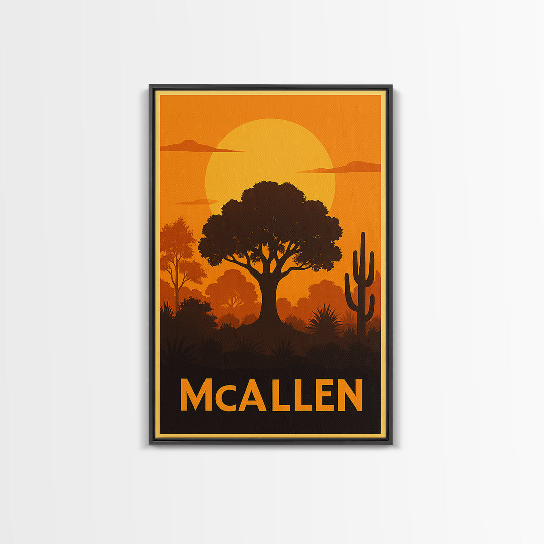 Mcallen Travel Poster, Canvas Print, Warm Sunset Silhouette Art, Mcallen Art Print, Travel Wall Decor, City Illustration, Gift For Travelers