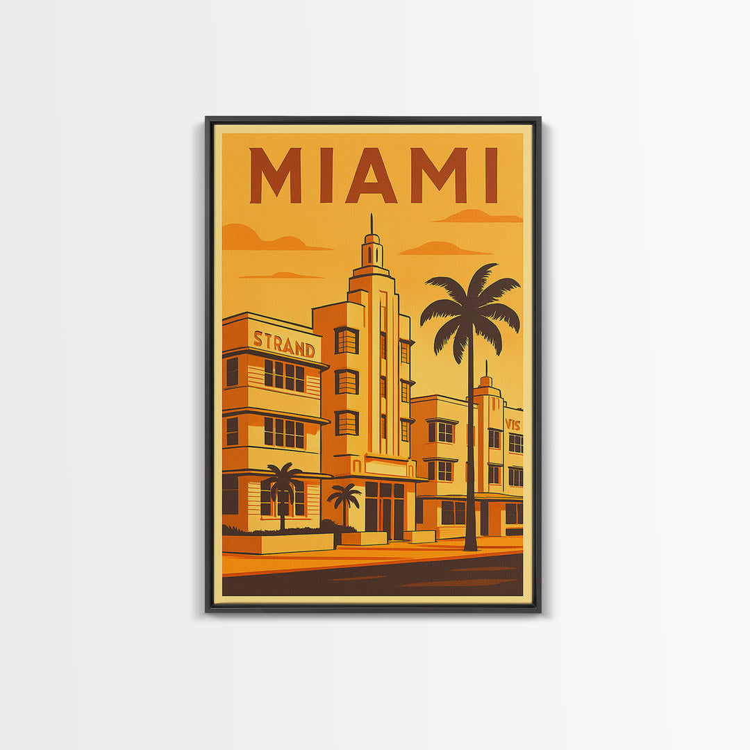 Miami Florida Travel Poster, Framed Canvas Print, Gold Art Deco Poster Art, Miami Travel Art, Home Office Decor, Living Room Wall Art
