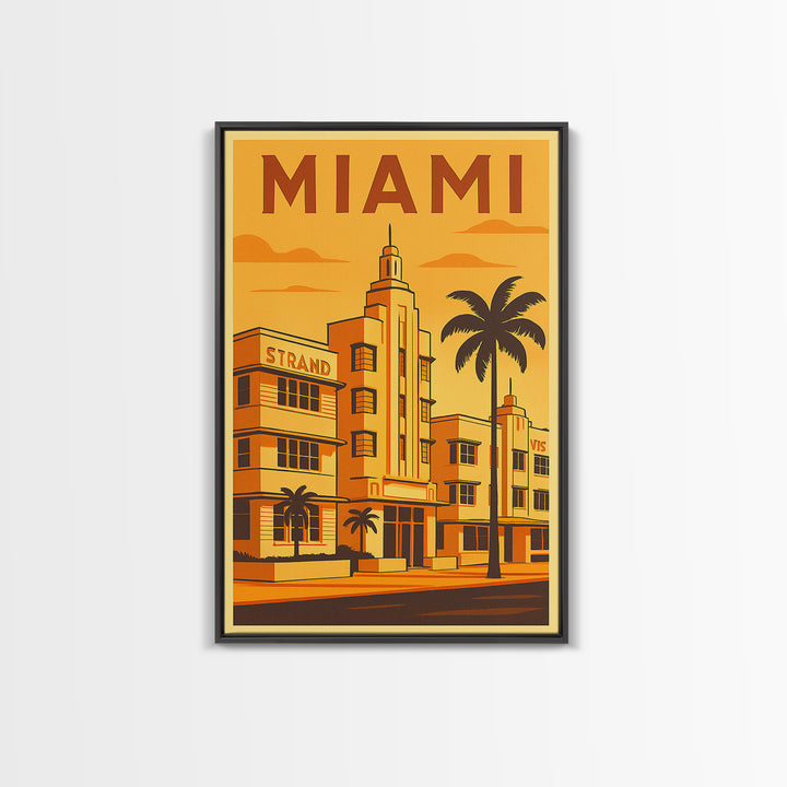 Miami Florida Travel Poster, Framed Canvas Print, Gold Art Deco Poster Art, Miami Travel Art, Home Office Decor, Living Room Wall Art