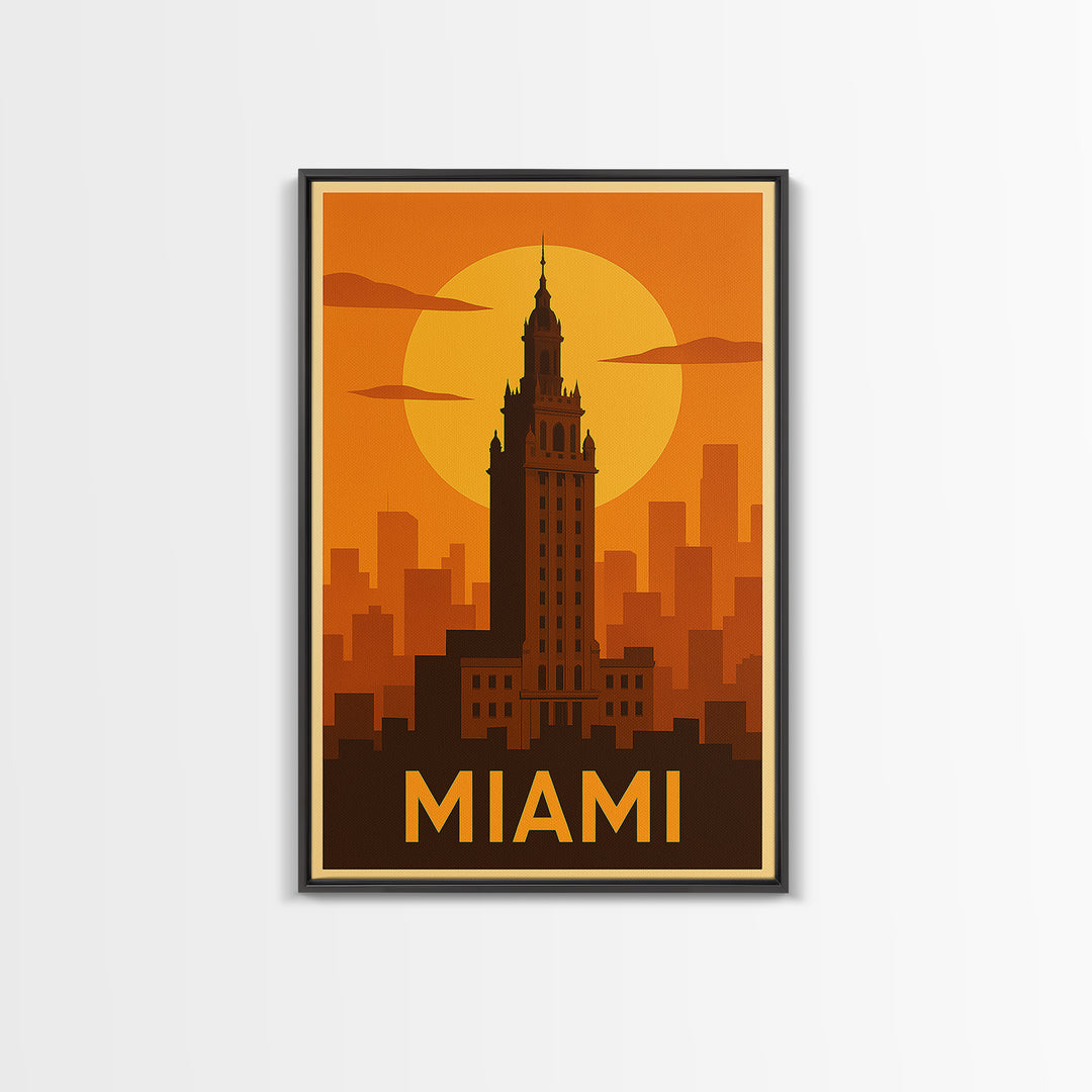 Miami Travel Poster, Framed Canvas Print, Warm Sunset Silhouette Art, Miami Poster Print, Fine Art Print, City Art Print, Vintage Travel Art
