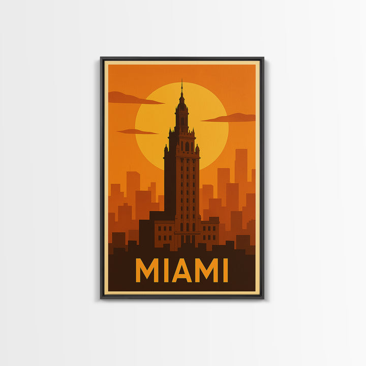 Miami Travel Poster, Framed Canvas Print, Warm Sunset Silhouette Art, Miami Poster Print, Fine Art Print, City Art Print, Vintage Travel Art