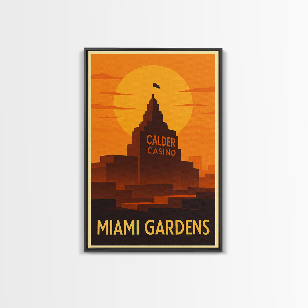 Miami Gardens Travel Poster, Framed Canvas Print, Warm Sunset Silhouette Art, Miami Gardens Wall Art, Vintage City Art, Retro Travel Print