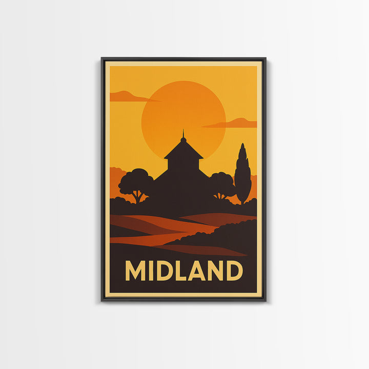Midland Travel Poster, Framed Canvas Print, Warm Sunset Silhouette Art, Midland Wall Art, Travel Wall Decor, Travel Wall Art, Poster Art