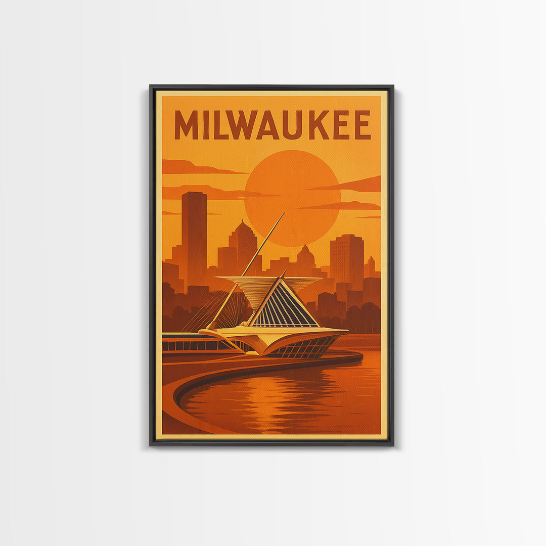 Milwaukee Wisconsin Travel Poster, Framed Canvas Print, Vintage Deco Wall Art, Milwaukee Poster Print, Travel Wall Art, Retro Travel Print