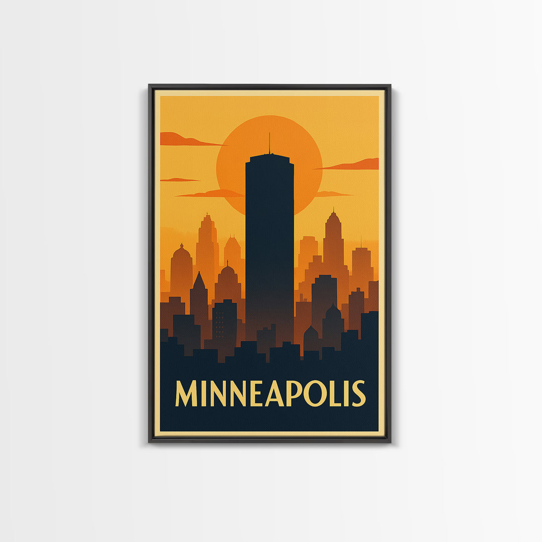 Minneapolis Travel Poster, Framed Canvas Print, Warm Sunset Silhouette Art, Minneapolis Art Print, Eclectic Wall Decor, City Travel Prints