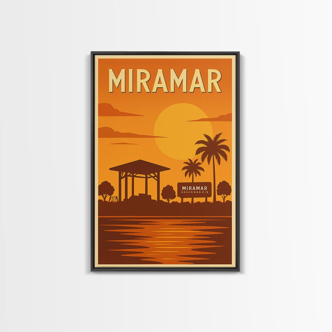 Miramar Florida Travel Poster, Framed Canvas Print, Golden Travel Poster Art, Miramar Poster Print, Modern Wall Decor, Fine Art Print