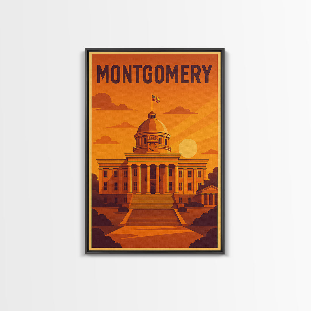 Montgomery Alabama Travel Poster, Canvas Print, Golden Travel Poster Art, Montgomery Travel Art, City Travel Prints, Travel Wall Decor