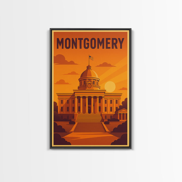 Montgomery Alabama Travel Poster, Canvas Print, Golden Travel Poster Art, Montgomery Travel Art, City Travel Prints, Travel Wall Decor