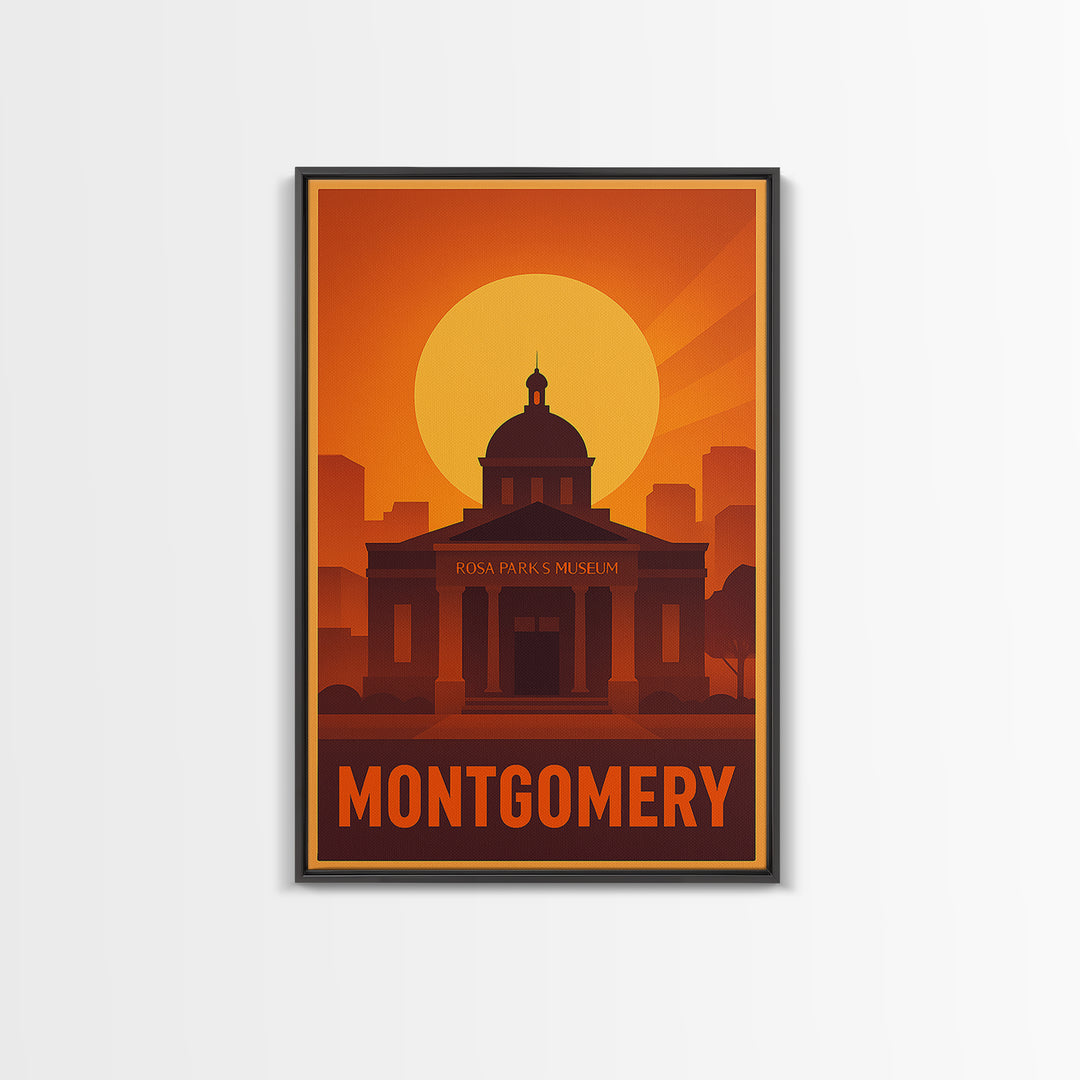 Montgomery Travel Poster, Canvas Print, Warm Sunset Silhouette Art, Montgomery Art Print, Vintage City Poster, Travel Wall Art