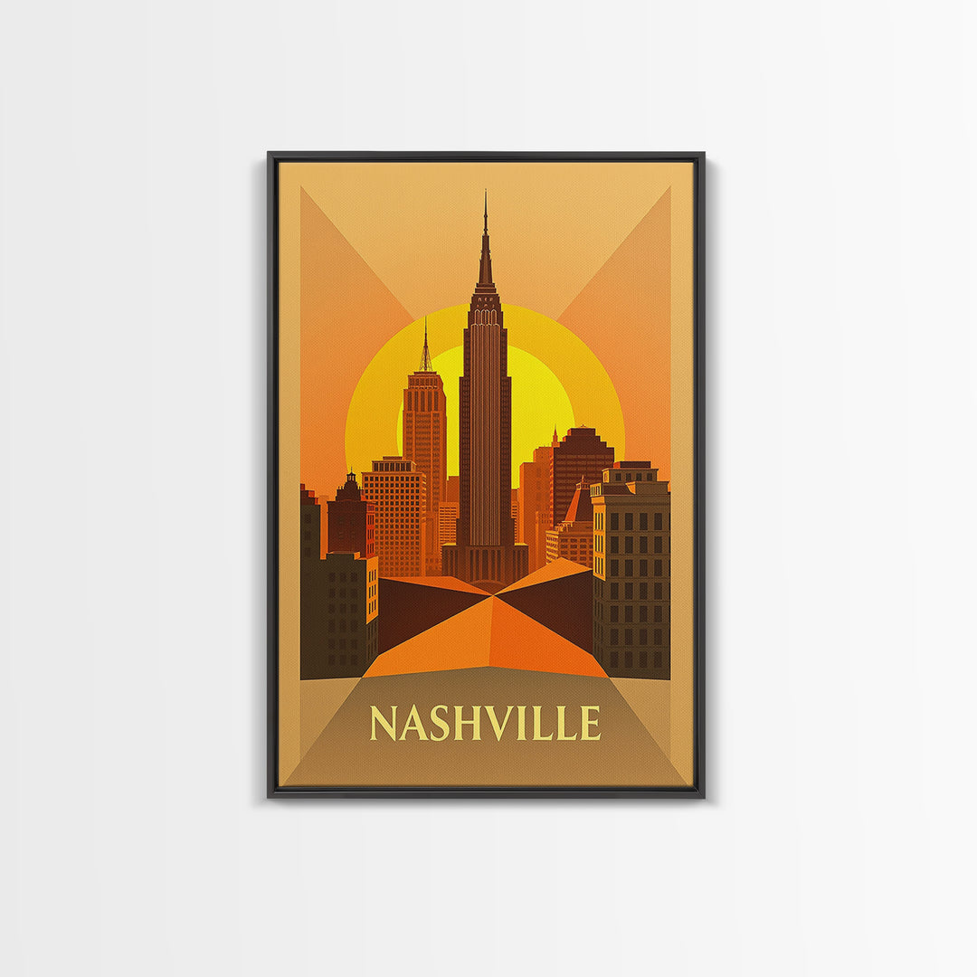 Nashville Tennessee Travel Poster, Framed Canvas Print, Gold Art Deco Poster Art, Nashville City Art, City Art Print, Living Room Wall Art