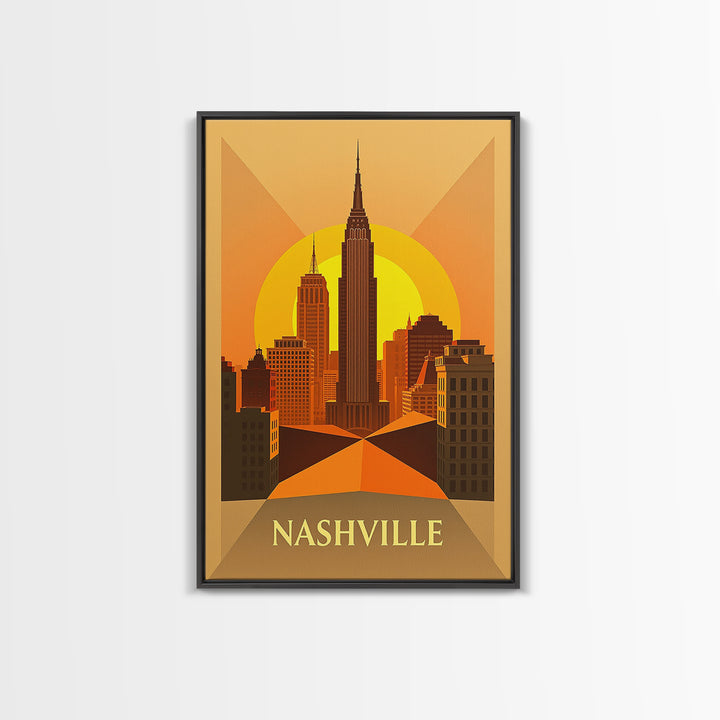 Nashville Tennessee Travel Poster, Framed Canvas Print, Gold Art Deco Poster Art, Nashville City Art, City Art Print, Living Room Wall Art